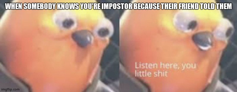 Listen here you little shit bird | WHEN SOMEBODY KNOWS YOU'RE IMPOSTOR BECAUSE THEIR FRIEND TOLD THEM | image tagged in listen here you little shit bird | made w/ Imgflip meme maker