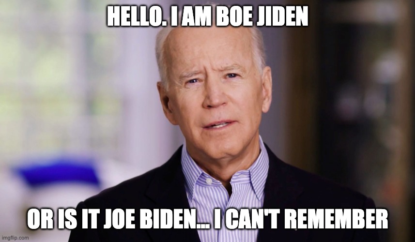 Joe Biden 2020 | HELLO. I AM BOE JIDEN; OR IS IT JOE BIDEN... I CAN'T REMEMBER | image tagged in joe biden 2020 | made w/ Imgflip meme maker