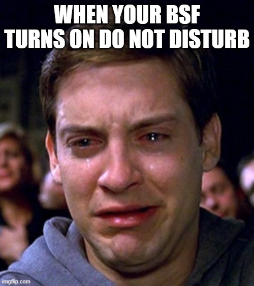 crying peter parker | WHEN YOUR BSF TURNS ON DO NOT DISTURB | image tagged in crying peter parker | made w/ Imgflip meme maker