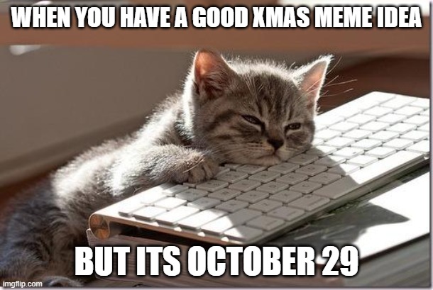 Bored Keyboard Cat | WHEN YOU HAVE A GOOD XMAS MEME IDEA; BUT ITS OCTOBER 29 | image tagged in bored keyboard cat | made w/ Imgflip meme maker
