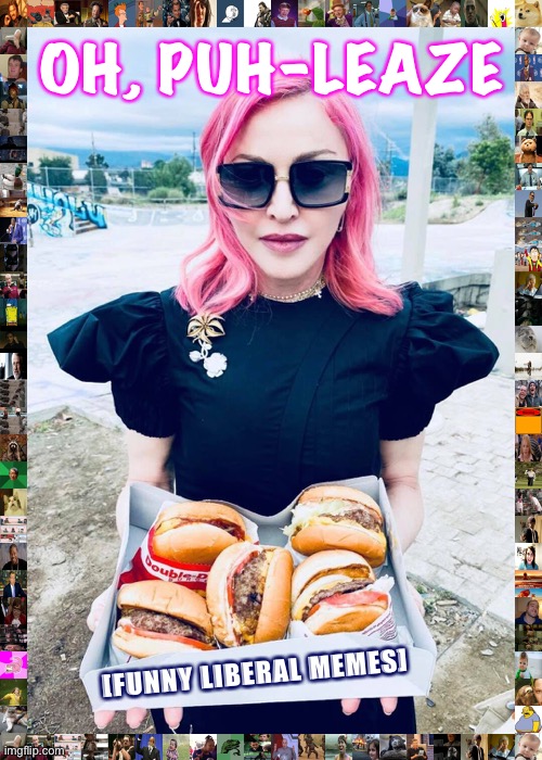 “The Left can’t meeeeeeeeeeme!!!!” | OH, PUH-LEAZE; [FUNNY LIBERAL MEMES] | image tagged in madonna burgers | made w/ Imgflip meme maker