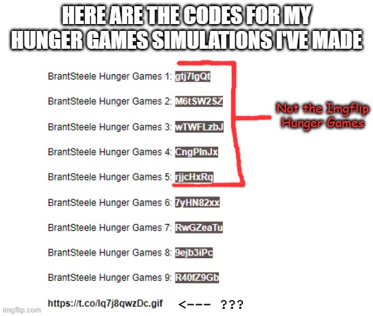 HERE ARE THE CODES FOR MY HUNGER GAMES SIMULATIONS I'VE MADE; Not the Imgflip Hunger Games; <--- ??? | image tagged in hunger games,leaks,code | made w/ Imgflip meme maker