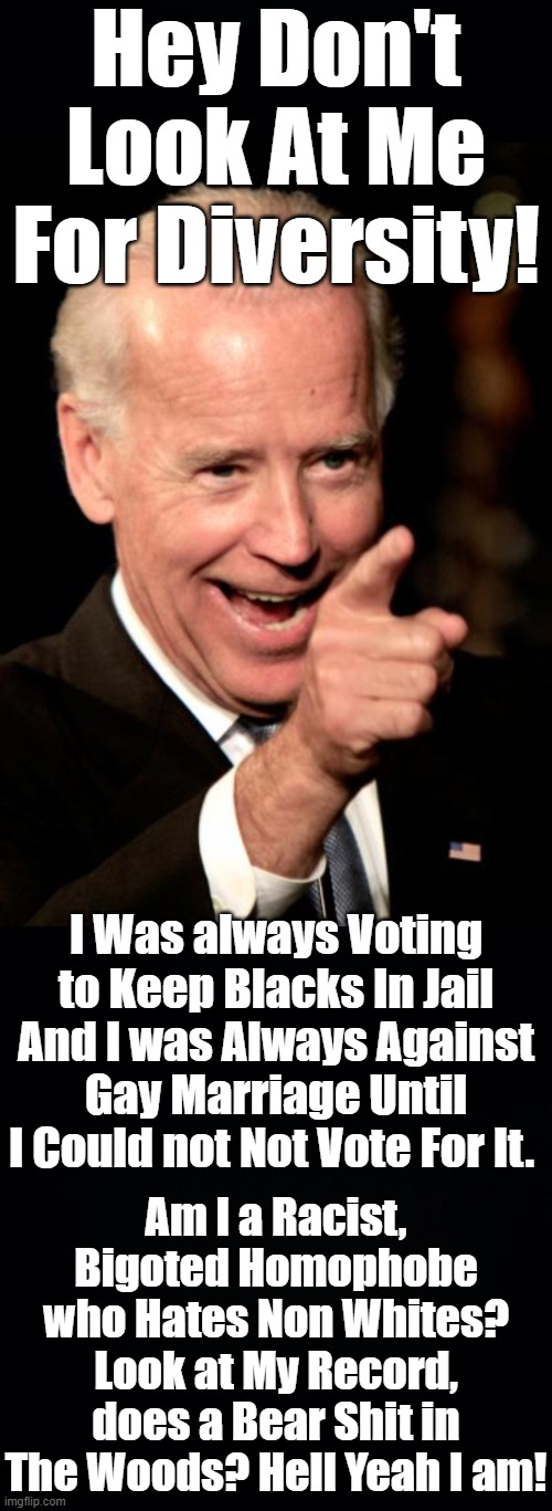 If the Democratic Party Were the Party of Diversity why would they put forth a Pair of do as I say not as I have done Candidate? | Hey Don't Look At Me For Diversity! I Was always Voting to Keep Blacks In Jail And I was Always Against Gay Marriage Until I Could not Not Vote For It. Am I a Racist, Bigoted Homophobe who Hates Non Whites? Look at My Record, does a Bear Shit in The Woods? Hell Yeah I am! | image tagged in smilin biden,lying biden,racist biden,homophobic biden,creepy joe biden | made w/ Imgflip meme maker