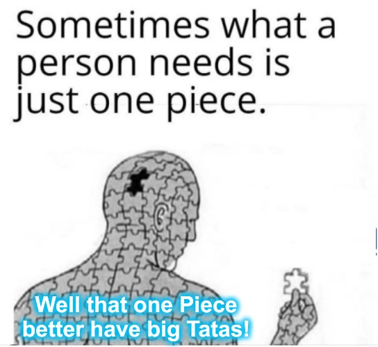 I Think, Therefore I Am! | Well that one Piece better have big Tatas! | image tagged in peace,one piece,jigsaw | made w/ Imgflip meme maker
