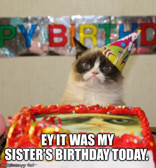 Idek what to post so have this | EY IT WAS MY SISTER’S BIRTHDAY TODAY. | image tagged in memes,grumpy cat birthday,grumpy cat,she 15 now | made w/ Imgflip meme maker