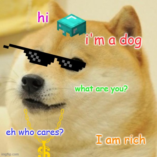 The Richest Dog Around | hi; i'm a dog; what are you? eh who cares? I am rich | image tagged in memes,doge,funny | made w/ Imgflip meme maker
