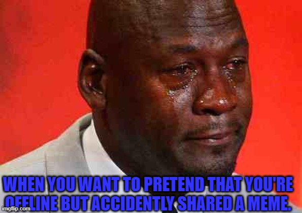 A BIG BIG MISTAKE | WHEN YOU WANT TO PRETEND THAT YOU'RE OFFLINE BUT ACCIDENTLY SHARED A MEME. | image tagged in crying michael jordan | made w/ Imgflip meme maker