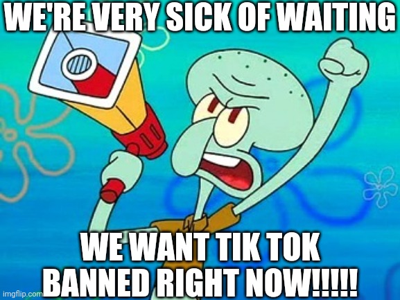 Forget Waiting, We Want Tik Tok Banned Right Now!!!!! | WE'RE VERY SICK OF WAITING; WE WANT TIK TOK BANNED RIGHT NOW!!!!! | image tagged in squidward megaphone | made w/ Imgflip meme maker