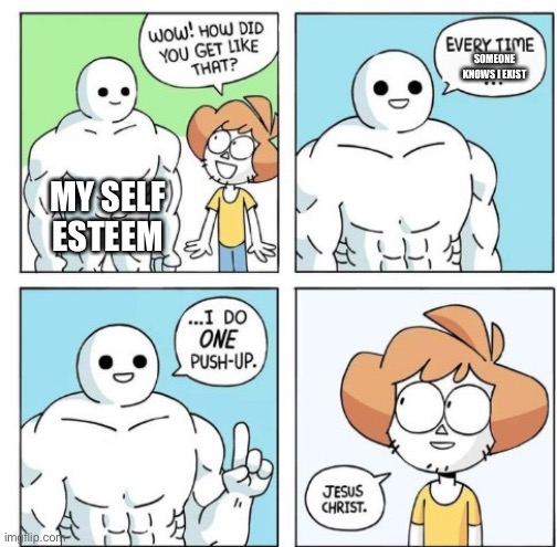 True dat | SOMEONE KNOWS I EXIST; MY SELF ESTEEM | image tagged in i do one push-up | made w/ Imgflip meme maker