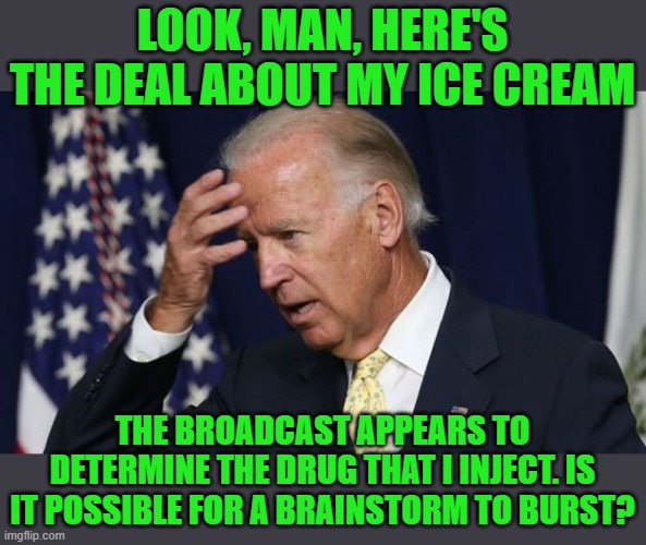 Joe Biden worries | LOOK, MAN, HERE'S THE DEAL ABOUT MY ICE CREAM THE BROADCAST APPEARS TO DETERMINE THE DRUG THAT I INJECT. IS IT POSSIBLE FOR A BRAINSTORM TO  | image tagged in joe biden worries | made w/ Imgflip meme maker