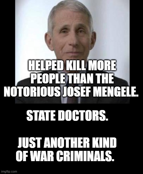 FauciWarning | HELPED KILL MORE PEOPLE THAN THE NOTORIOUS JOSEF MENGELE. STATE DOCTORS.               JUST ANOTHER KIND OF WAR CRIMINALS. | image tagged in fauciwarning | made w/ Imgflip meme maker