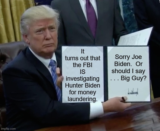 Yep . . . a Biden IS being investigated after all. | It turns out that the FBI IS investigating Hunter Biden for money laundering. Sorry Joe Biden.  Or should I say . . . Big Guy? | image tagged in memes,trump bill signing | made w/ Imgflip meme maker