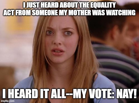 Get rid of the "Equality Act" that will destroy economic freedom! | I JUST HEARD ABOUT THE EQUALITY ACT FROM SOMEONE MY MOTHER WAS WATCHING; I HEARD IT ALL--MY VOTE: NAY! | image tagged in memes,omg karen,equality,business,economics,freedom | made w/ Imgflip meme maker