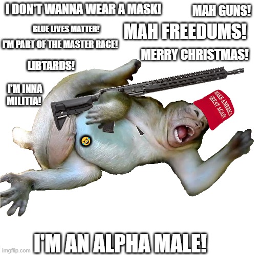 maga monkey tiny junk | I DON'T WANNA WEAR A MASK! MAH GUNS! MAH FREEDUMS! BLUE LIVES MATTER! I'M PART OF THE MASTER RACE! MERRY CHRISTMAS! LIBTARDS! I'M INNA MILITIA! 🤣; I'M AN ALPHA MALE! | image tagged in maga monkey tiny junk | made w/ Imgflip meme maker