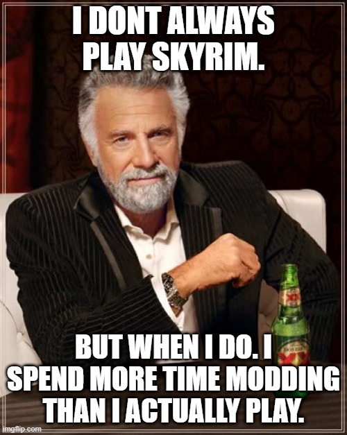 skyrim on pc is awesome | I DONT ALWAYS PLAY SKYRIM. BUT WHEN I DO. I SPEND MORE TIME MODDING THAN I ACTUALLY PLAY. | image tagged in memes,the most interesting man in the world | made w/ Imgflip meme maker