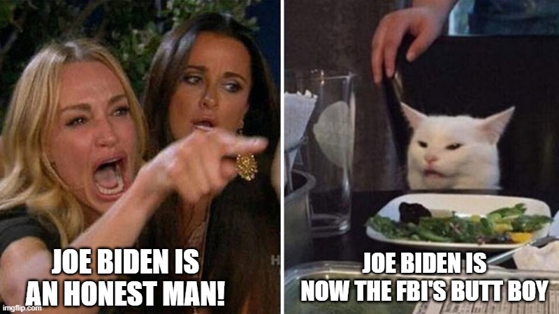 What do you think the FBI will make Joe do first? | JOE BIDEN IS NOW THE FBI'S BUTT BOY; JOE BIDEN IS AN HONEST MAN! | image tagged in woman yelling at white cat,joe biden is a crook,make america great again | made w/ Imgflip meme maker