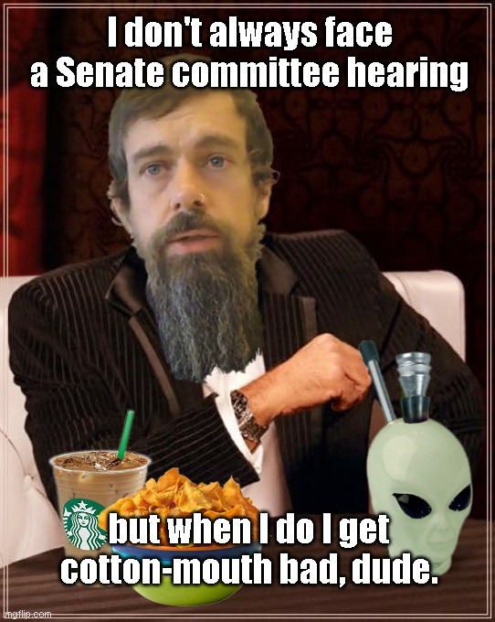 Jack Dorsey: the most despotic stoner in the world | I don't always face a Senate committee hearing; but when I do I get cotton-mouth bad, dude. | image tagged in the most despotic hipster in the world,jack dorsey,twitter,senate committee hearing,big tech tyranny,parody | made w/ Imgflip meme maker