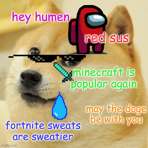 Doge | hey humen; red sus; minecraft is popular again; may the doge be with you; fortnite sweats are sweatier | image tagged in memes,doge | made w/ Imgflip meme maker