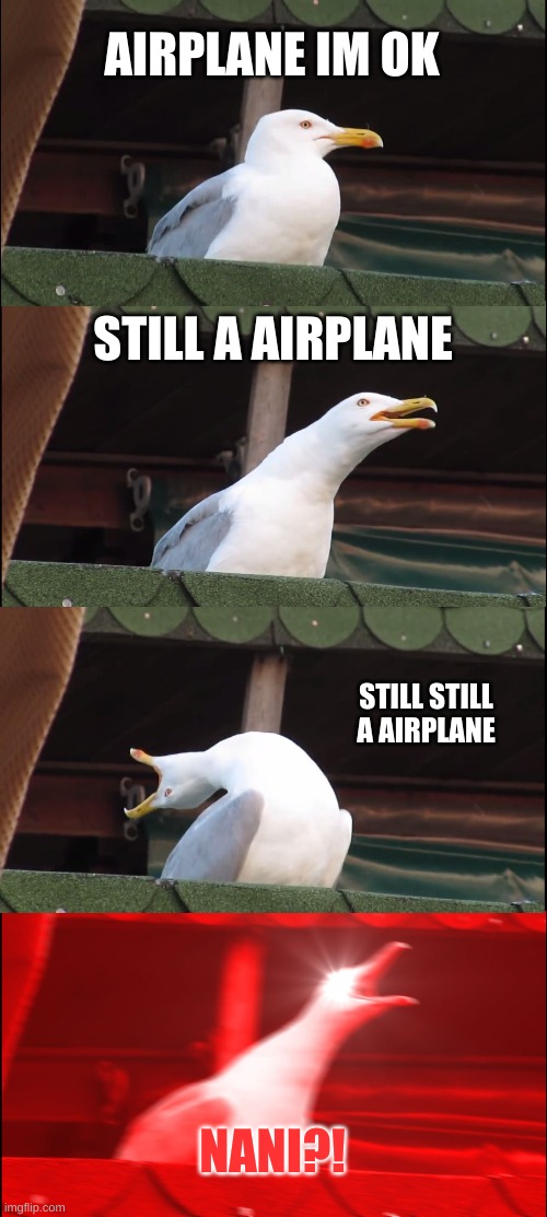 Inhaling Seagull | AIRPLANE IM OK; STILL A AIRPLANE; STILL STILL A AIRPLANE; NANI?! | image tagged in memes,inhaling seagull | made w/ Imgflip meme maker