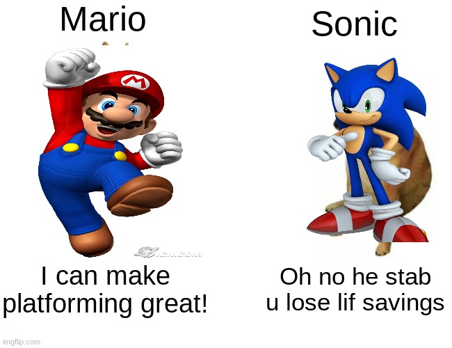 Mario vs Sonic | Mario; Sonic; I can make platforming great! Oh no he stab u lose lif savings | image tagged in memes,buff doge vs cheems | made w/ Imgflip meme maker