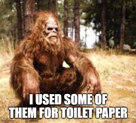 bigfoot | I USED SOME OF THEM FOR TOILET PAPER | image tagged in bigfoot | made w/ Imgflip meme maker