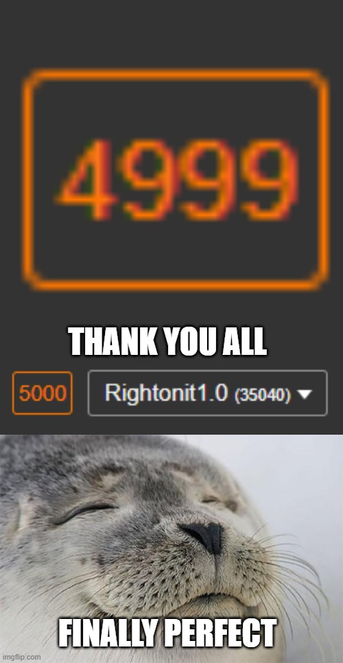 thank you all | THANK YOU ALL; FINALLY PERFECT | image tagged in memes,satisfied seal | made w/ Imgflip meme maker