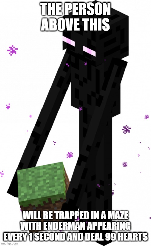 enderman with block | THE PERSON ABOVE THIS; WILL BE TRAPPED IN A MAZE WITH ENDERMAN APPEARING EVERY 1 SECOND AND DEAL 99 HEARTS | image tagged in enderman with block | made w/ Imgflip meme maker