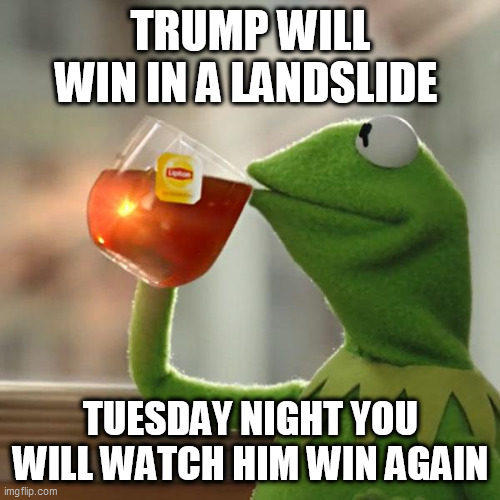 But That's None Of My Business Meme | TRUMP WILL WIN IN A LANDSLIDE; TUESDAY NIGHT YOU WILL WATCH HIM WIN AGAIN | image tagged in memes,but that's none of my business,kermit the frog | made w/ Imgflip meme maker