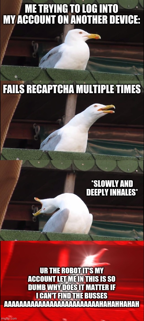 Inhaling Seagull | ME TRYING TO LOG INTO MY ACCOUNT ON ANOTHER DEVICE:; FAILS RECAPTCHA MULTIPLE TIMES; *SLOWLY AND DEEPLY INHALES*; UR THE ROBOT IT'S MY ACCOUNT LET ME IN THIS IS SO DUMB WHY DOES IT MATTER IF I CAN'T FIND THE BUSSES AAAAAAAAAAAAAAAAAAAAAAAAAHAHAHHAHAH | image tagged in memes,inhaling seagull | made w/ Imgflip meme maker