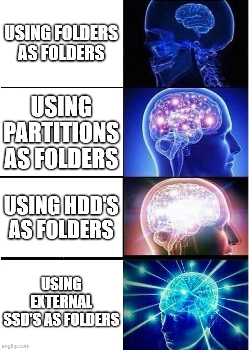 Not sure everyone will get the joke | USING FOLDERS AS FOLDERS; USING PARTITIONS AS FOLDERS; USING HDD'S AS FOLDERS; USING EXTERNAL SSD'S AS FOLDERS | image tagged in memes,expanding brain,computers,pc,folders | made w/ Imgflip meme maker