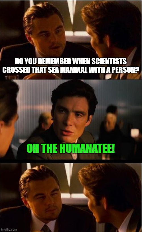 Weird Science! | DO YOU REMEMBER WHEN SCIENTISTS CROSSED THAT SEA MAMMAL WITH A PERSON? OH THE HUMANATEE! | image tagged in memes,inception,manatee,human,oh the humanity | made w/ Imgflip meme maker