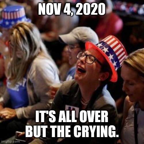 Nov 4. | NOV 4, 2020; IT'S ALL OVER BUT THE CRYING. | image tagged in crying liberal,election 2020,aftermath,donald trump,joe biden | made w/ Imgflip meme maker