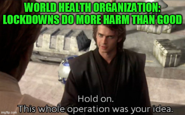 Something here makes a lot of not sense | WORLD HEALTH ORGANIZATION:
LOCKDOWNS DO MORE HARM THAN GOOD | image tagged in this whole operation was your idea,covid-19,pandemic,coronavirus,lockdown,election 2020 | made w/ Imgflip meme maker