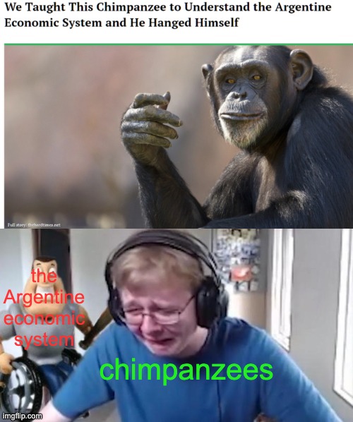 the Argentine economic system; chimpanzees | image tagged in callmecarson crying next to joe swanson | made w/ Imgflip meme maker