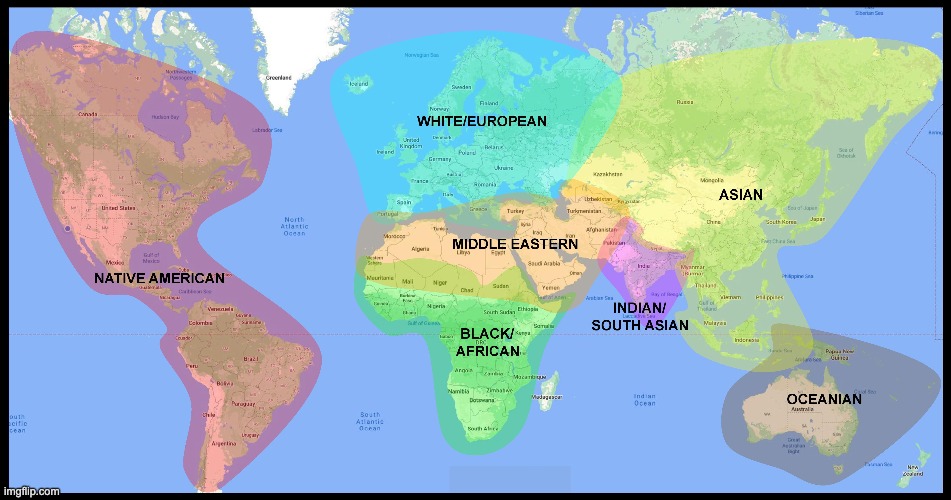 The Ultimate Race Map - This map details the geographical origins of the seven races of the world.  It is the first-ever race ma | image tagged in race,ethnicity,map,white,black,european | made w/ Imgflip meme maker