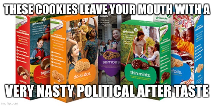 Very bad after taste is bitterly political | THESE COOKIES LEAVE YOUR MOUTH WITH A VERY NASTY POLITICAL AFTER TASTE | image tagged in girl scout cookie,bad after taste,political | made w/ Imgflip meme maker