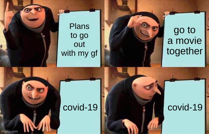 covid sux | Plans to go out with my gf; go to a movie together; covid-19; covid-19 | image tagged in memes,gru's plan | made w/ Imgflip meme maker