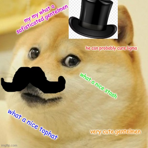 dogge | my my what a sofisticated gentelmen; he can probably cure ligma; what a nice stash; what a nice tophat; very cute gentelmen | image tagged in memes,doge | made w/ Imgflip meme maker