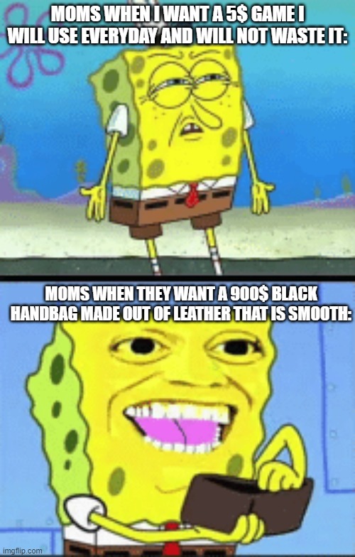 moms be like: | MOMS WHEN I WANT A 5$ GAME I WILL USE EVERYDAY AND WILL NOT WASTE IT:; MOMS WHEN THEY WANT A 900$ BLACK HANDBAG MADE OUT OF LEATHER THAT IS SMOOTH: | image tagged in spongebob money | made w/ Imgflip meme maker
