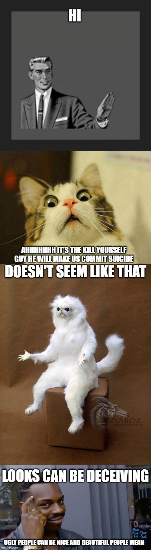 remember that | HI; AHHHHHHH IT'S THE KILL YOURSELF GUY HE WILL MAKE US COMMIT SUICIDE; DOESN'T SEEM LIKE THAT; LOOKS CAN BE DECEIVING; UGLY PEOPLE CAN BE NICE AND BEAUTIFUL PEOPLE MEAN | image tagged in memes,kill yourself guy,scared cat,persian cat room guardian single,roll safe think about it | made w/ Imgflip meme maker