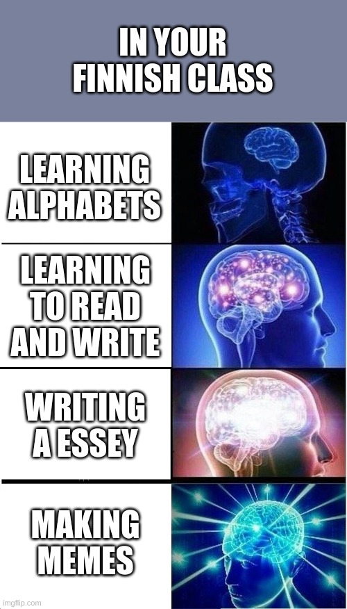 Expanding Brain Meme | IN YOUR FINNISH CLASS; LEARNING ALPHABETS; LEARNING TO READ AND WRITE; WRITING A ESSEY; MAKING MEMES | image tagged in memes,expanding brain | made w/ Imgflip meme maker