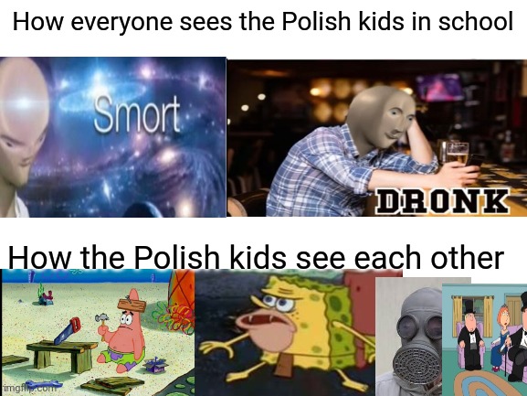 Reality is. Some of us annt that smart. Let's see if you will get why I put Spongar. | How everyone sees the Polish kids in school; How the Polish kids see each other | image tagged in blank white template,poland,yes i'm actually polish,stop reading the tags,stop,aaaaaaaaaaaaaaaa | made w/ Imgflip meme maker