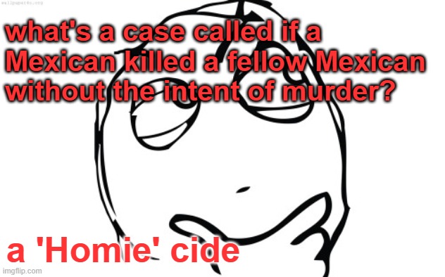 Homie | what's a case called if a Mexican killed a fellow Mexican without the intent of murder? a 'Homie' cide | image tagged in thinking meme face | made w/ Imgflip meme maker