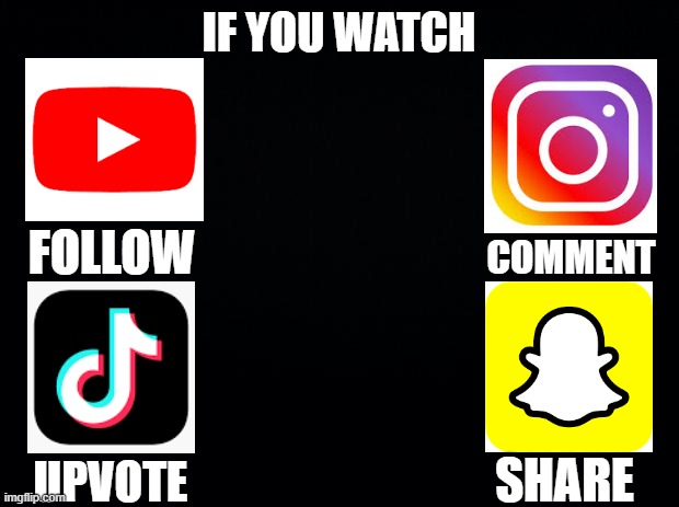 If you watch... | IF YOU WATCH; FOLLOW; COMMENT; SHARE; UPVOTE | image tagged in black background,youtube,snapchat,tiktok,instagram,black template | made w/ Imgflip meme maker