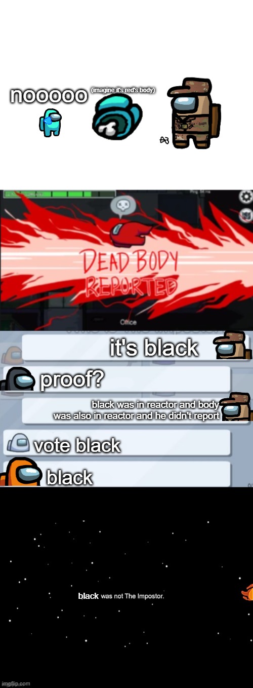 The ultimate sacrifice episode 2 | nooooo; (imagine it's red's body); it's black; proof? black was in reactor and body was also in reactor and he didn't report; vote black; black; black | image tagged in blank white template,dead body reported,x was not the imposter,among us chat | made w/ Imgflip meme maker