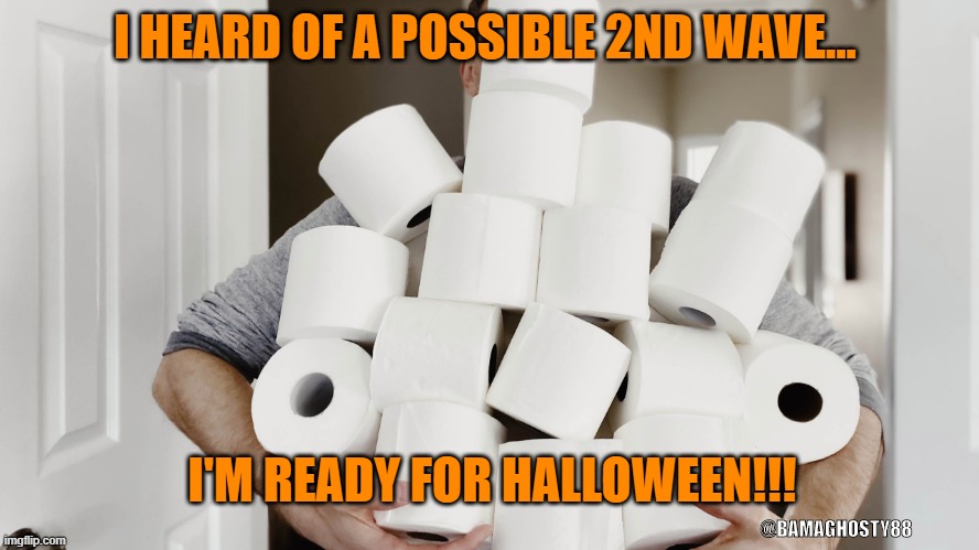 I HEARD OF A POSSIBLE 2ND WAVE... I'M READY FOR HALLOWEEN!!! @BAMAGHOSTY88 | image tagged in halloween,toilet paper,covid-19,2020,holiday,humor | made w/ Imgflip meme maker