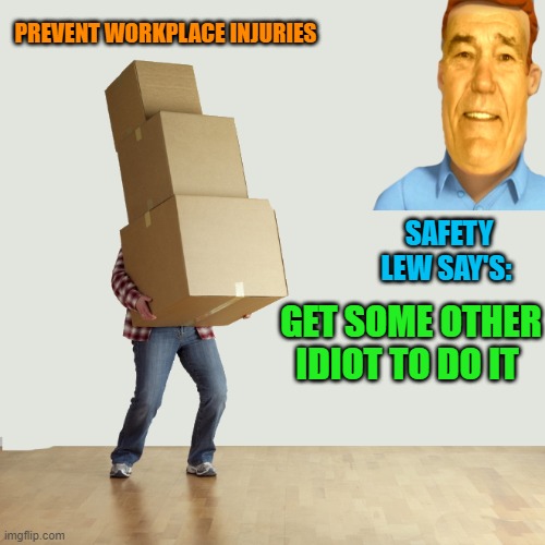 safety Lew | PREVENT WORKPLACE INJURIES; SAFETY LEW SAY'S:; GET SOME OTHER IDIOT TO DO IT | made w/ Imgflip meme maker