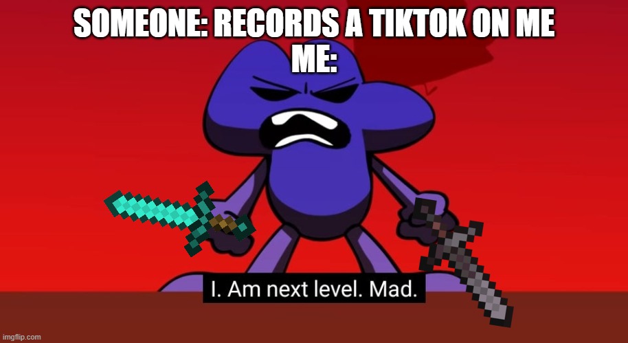 I stab them so they suffer longer | SOMEONE: RECORDS A TIKTOK ON ME
ME: | image tagged in bfb i am next level mad | made w/ Imgflip meme maker