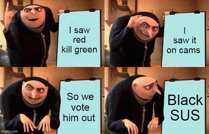 Gru's Plan Meme | I saw red kill green; I saw it on cams; So we vote him out; Black SUS | image tagged in memes,gru's plan | made w/ Imgflip meme maker