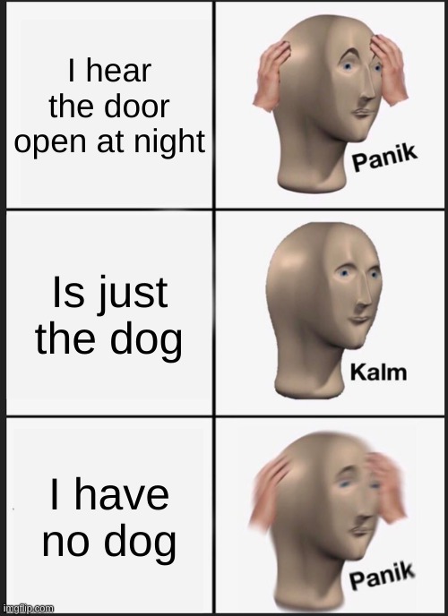 Panik Kalm Panik Meme | I hear the door open at night; Is just the dog; I have no dog | image tagged in memes,panik kalm panik | made w/ Imgflip meme maker